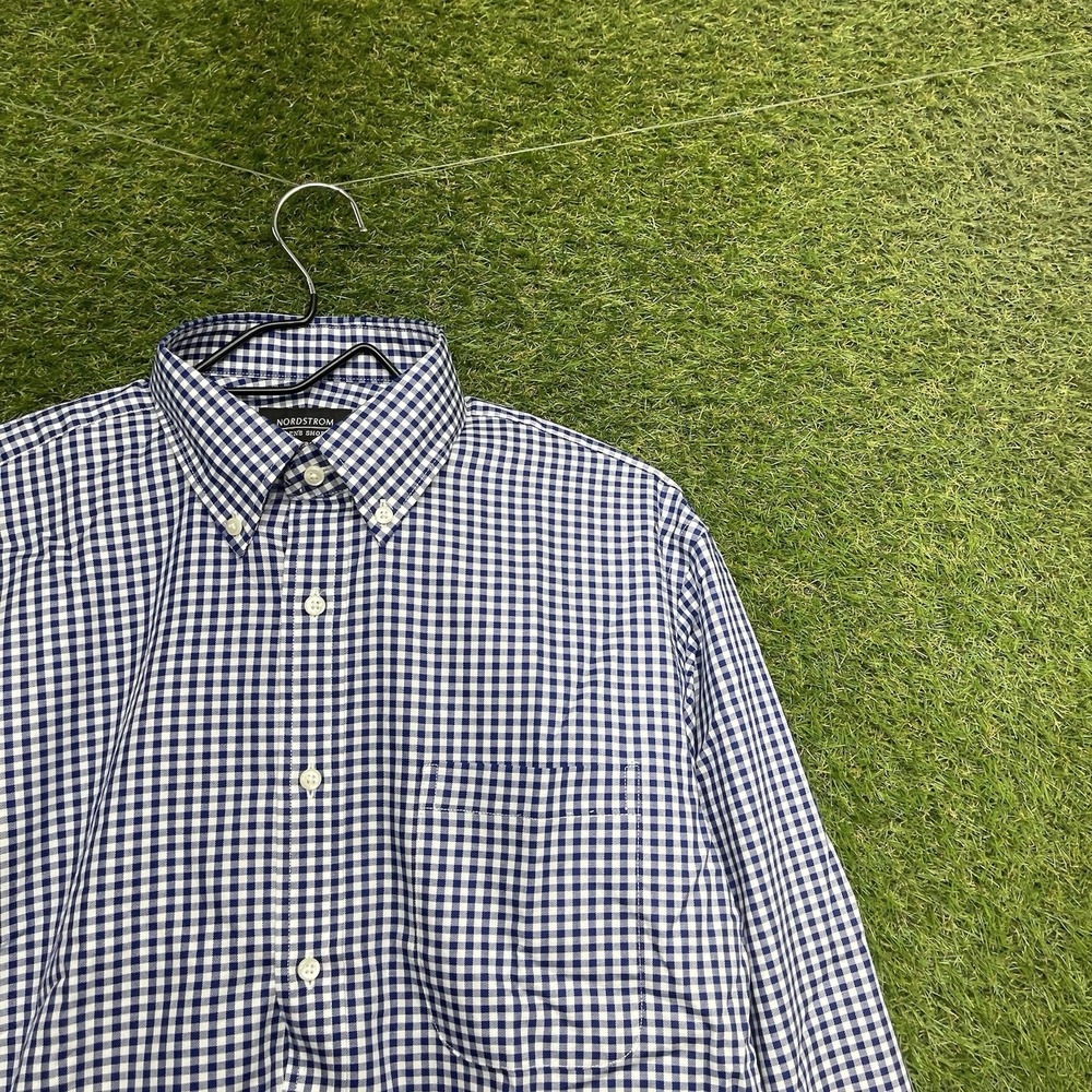 Nordstrom Dress Shirt Mens 15.5 32/33 Long Sleeve Navy Patriot Gingham Trim Fit